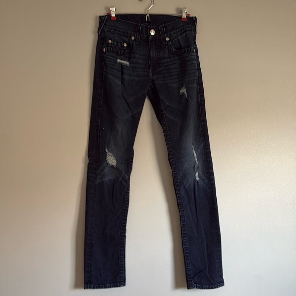 TRUE RELIGION Jeans, straight leg, size 29, dark wash, distressed